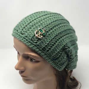 Winter beanie hat with anchor brooch green New hand crochet by me